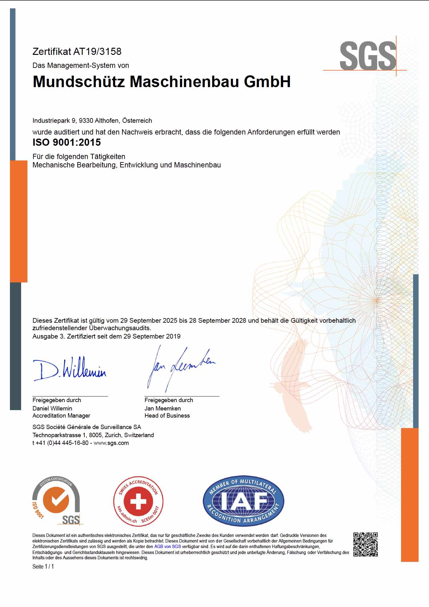 ISO 9001:2015 Zertifikat der Mundschütz Maschinenbau GmbH